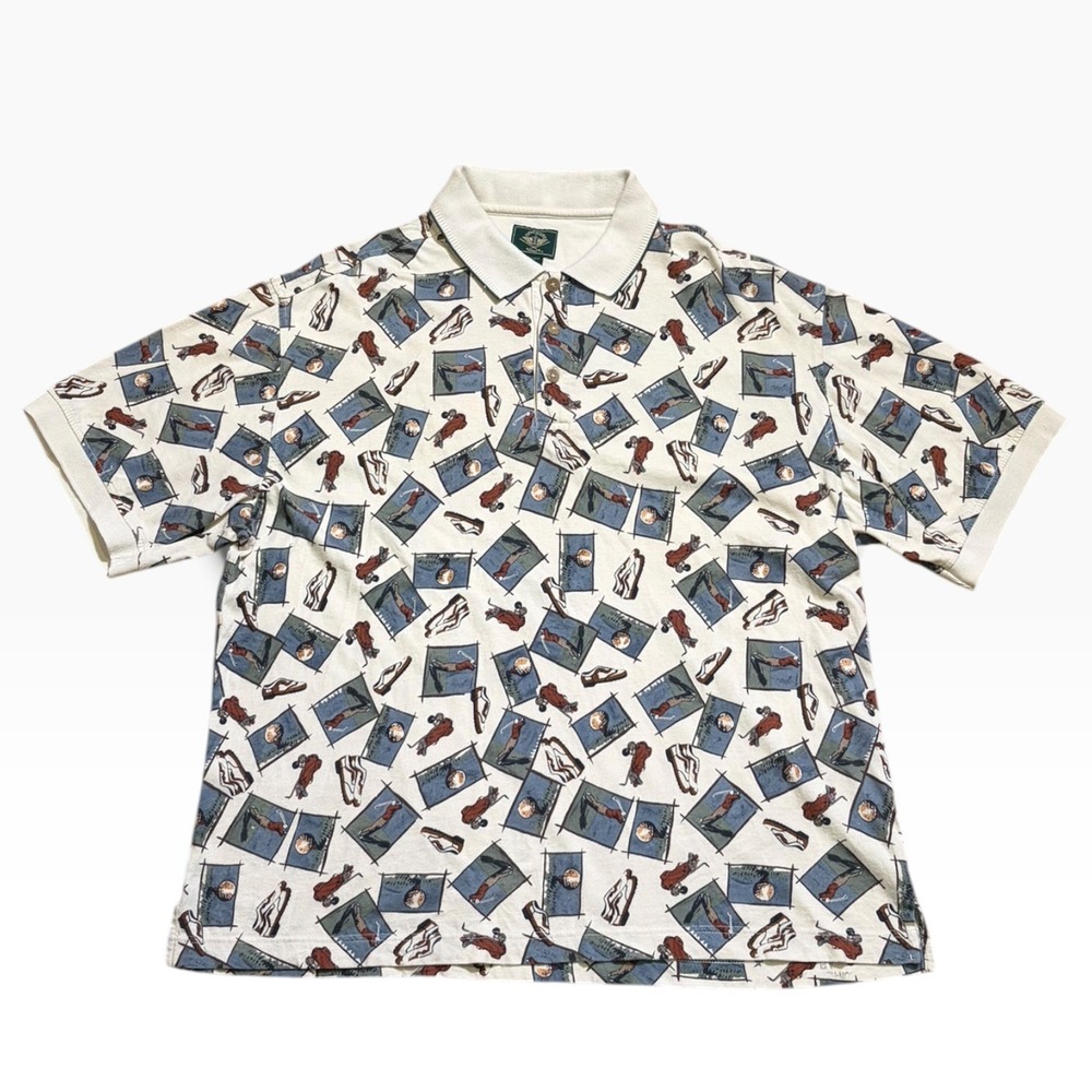 Vintage Dockers Golf All Over Print Polo Shirt Mens XL Cream Short Sleeve Cotton
